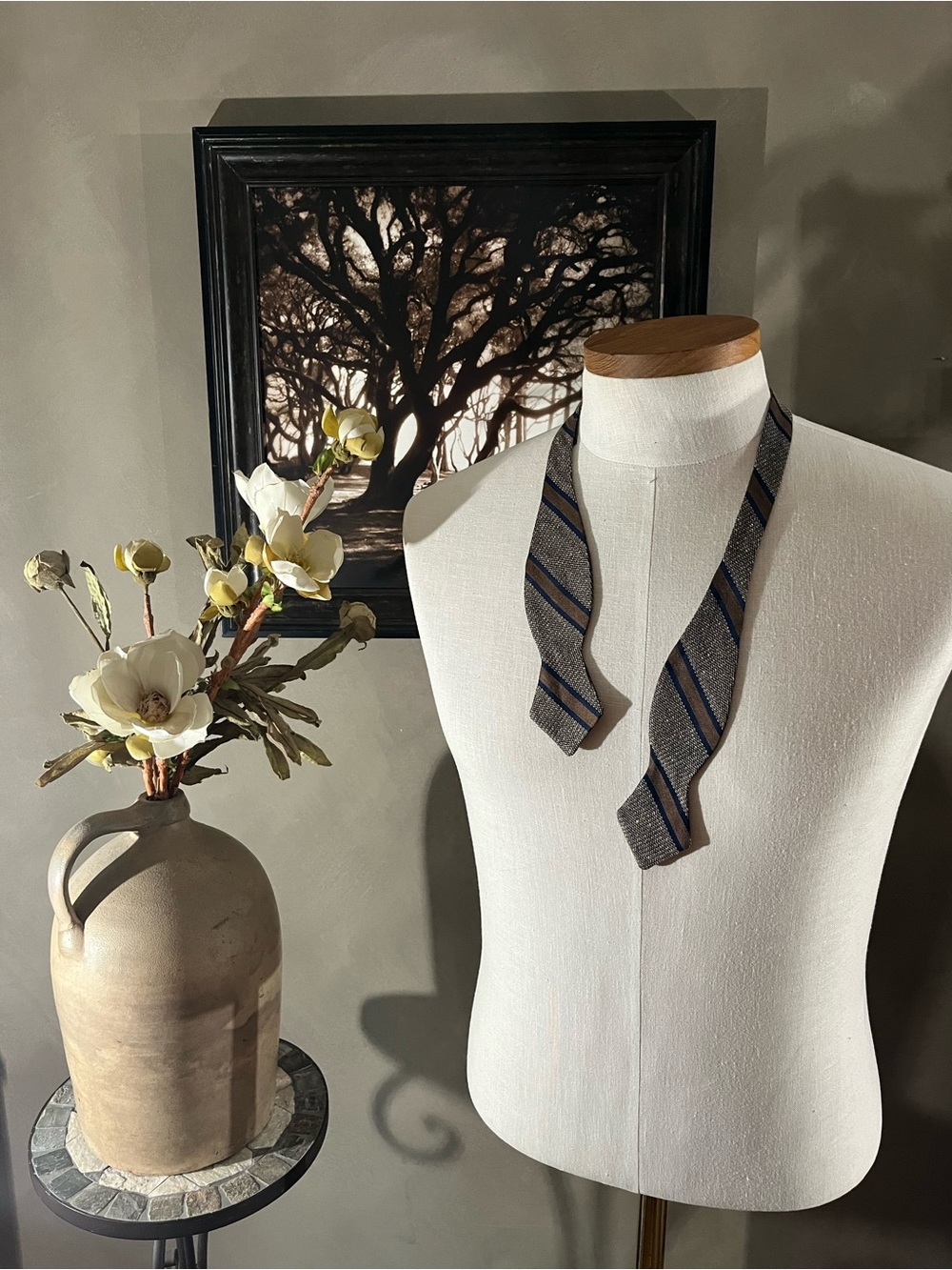 Suitsupply Italian Cotton Linen Silk Striped Bow Tie Navy Brown Diamond Tip
